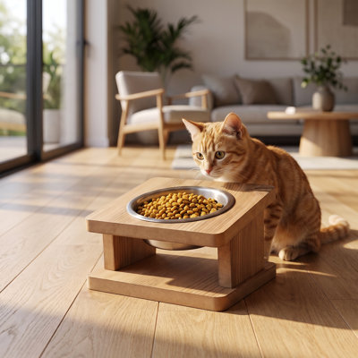 Mangeoire surélevée moderne en bois naturel pour un seul animal de compagnie avec bol en acier inoxydable (5,5 po de diamètre x 2,2 po de hauteur)