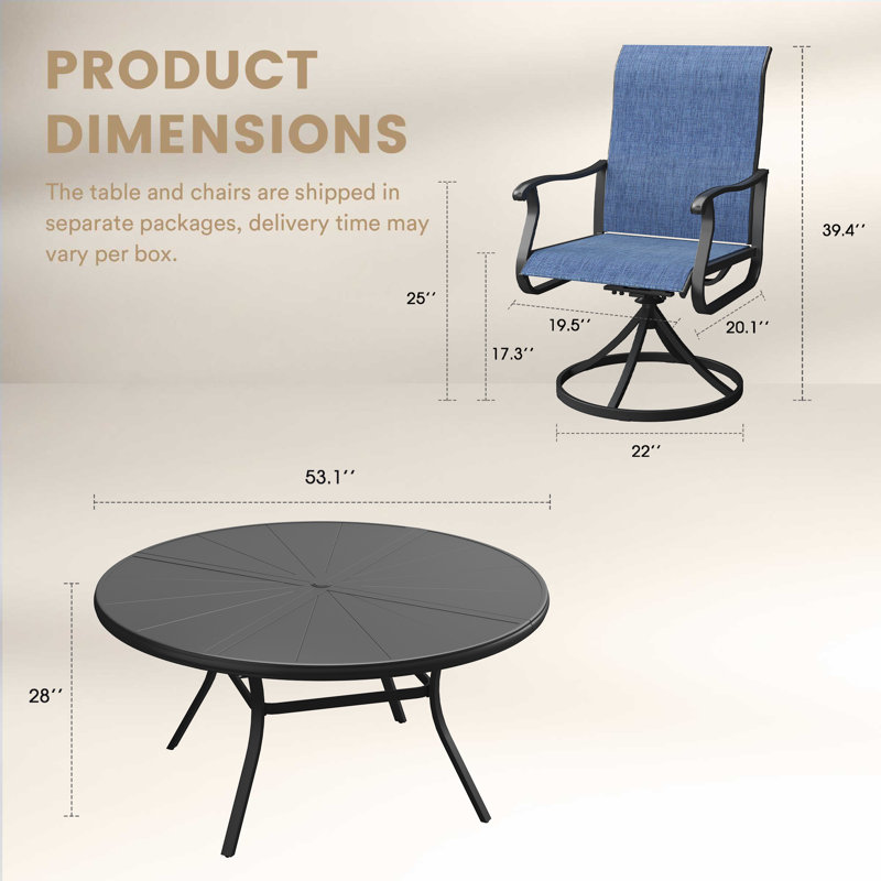 Table de salle à manger d'extérieur en aluminium avec chaise pivotante, Noir / Bleu