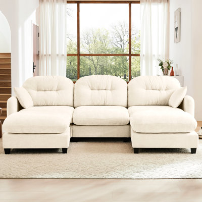 Canapé modulaire à 3 places avec conception mobile, chenille, plissée, ergonomique, 2 coussins décoratifs, s'adapte à divers espaces, fabrication de ressorts et d'éponges beiges, sièges personnalisables