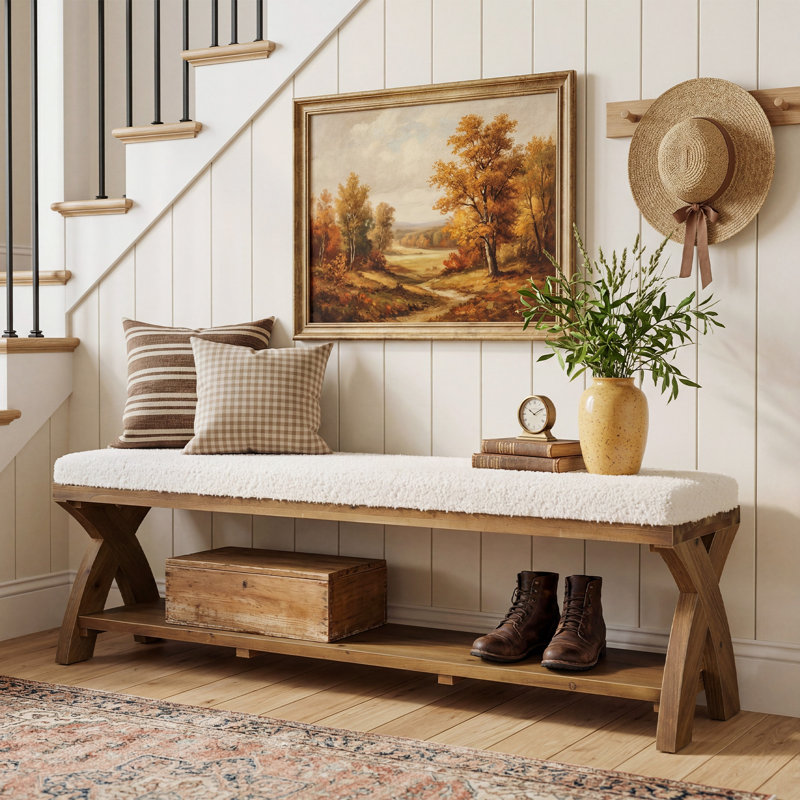 Solid Wood Upholstered Shoe Bench With Storage Shelf