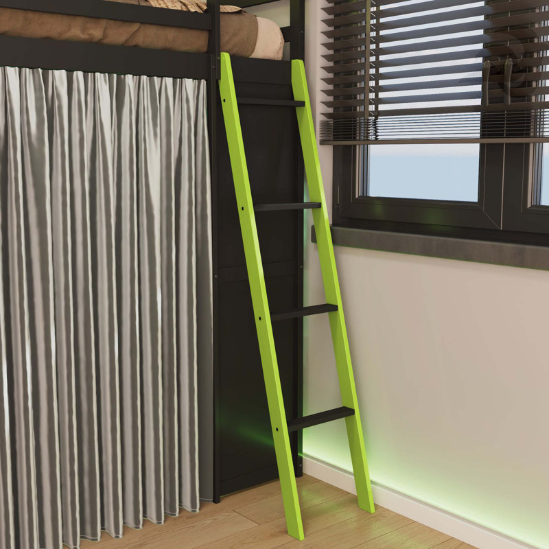 Lit mezzanine en bois pleine grandeur avec garde-robe, tablettes, rideaux occultants et lumières RVB, noir et vert, Vert