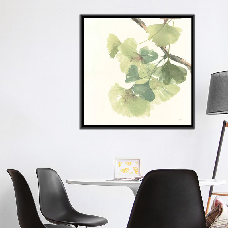 «Light Gingko Leaves II», reproduction d'art sur toile, H 26 po x l 26 po x P 1,5 po, Toile avec cadre noir, Pas de tapis