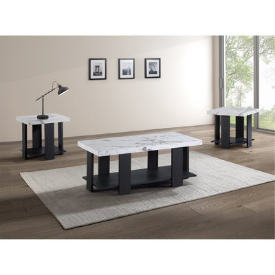 3-Piece Cocktail Set White Faux Marble Table Top Coffee Table And Two Matching End Tables Living Room Wooden Furniture by Corrigan Studio