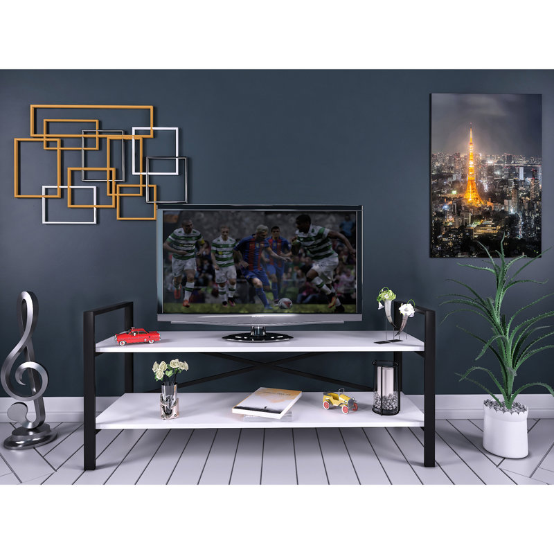 Meuble télé moderne de 47 po avec finition blanche, conception de tablette ouverte pour couleur de rangement pour appareils multimédias, rangement des tablettes arrière
