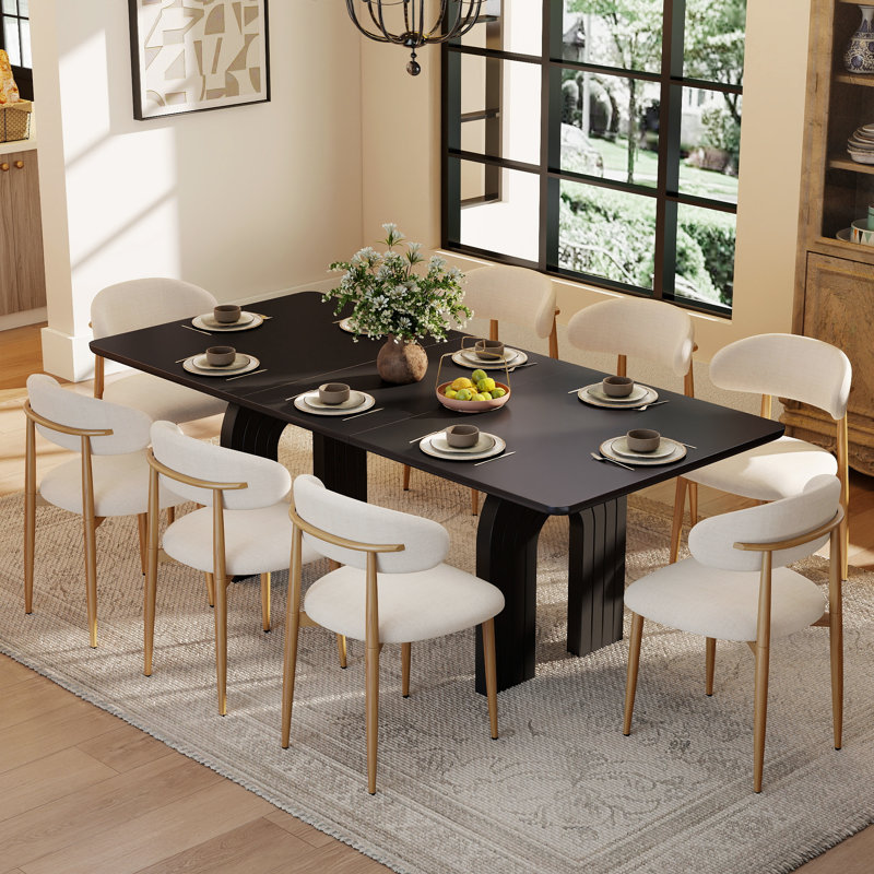 Ensemble de salle à manger rectangulaire de style milieu du siècle, table en MDF divisée en 3 parties avec pieds arqués cannelés et chaises de salle à manger en lin
