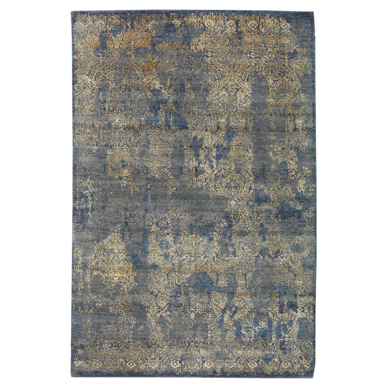 Tapis bleu noué à la main de conception unique nouvel âge 5 pi 6 po x 8 pi 5 po Scribe