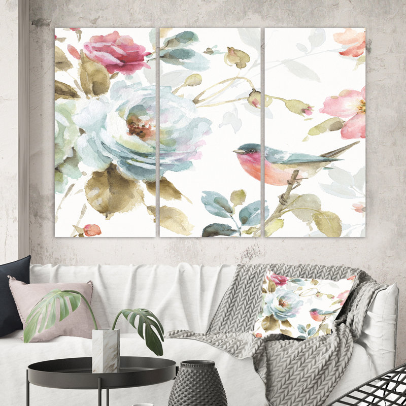 «Beautiful Bird Romance I», peinture à multiples images sur toile, H 32 po x l 48 po x P 1 po