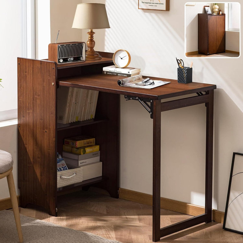 Bureau pliable en bambou avec tablette de rangement, bureau d'ordinateur peu encombrant pour petits espaces, table d'écriture portable pour bureau à domicile, chambre à coucher, dortoir