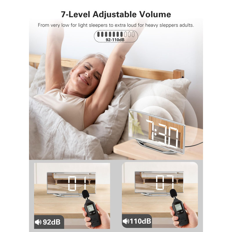 8.7" LED Mirror Alarm Clock with USB Charger, Snooze, Dimmer & Volume, Silver/White