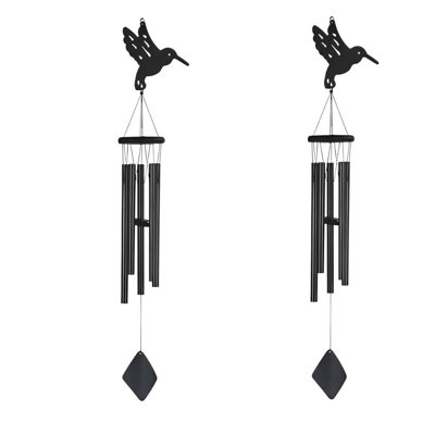 Gift Set ICE ARMOR 41" Long Black Hummingbird Silhouette Wood and Metal Wind Chime Figurine Statue Ornament Decoration Home/Room/Garden Decor for Hous