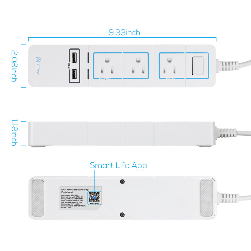 3 Outlets with 2 USB Charging Port WIFI Accessible Smart Power Strip Socket Plate