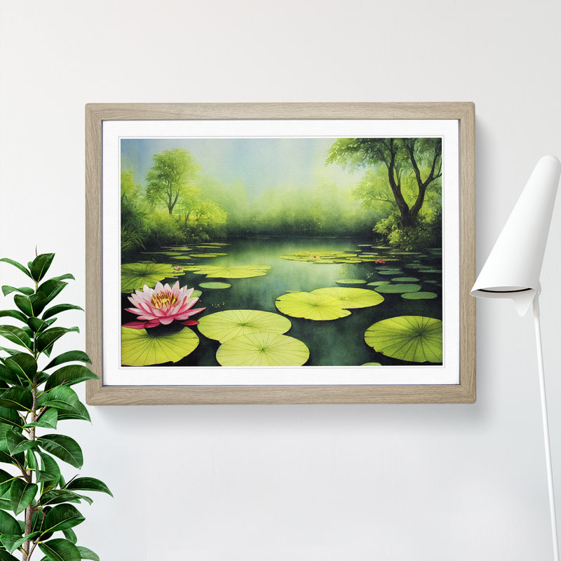 Watercolour Lily Pond Vol.1 - Single Picture Frame Painting, 25cm H x 34cm W x 2cm D, Oak