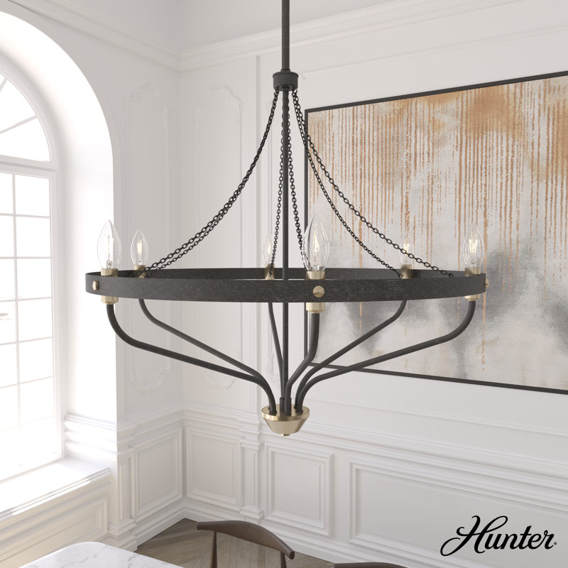 Plafonnier lustre à 6 lumières Hunter Merlin, Fer rustique