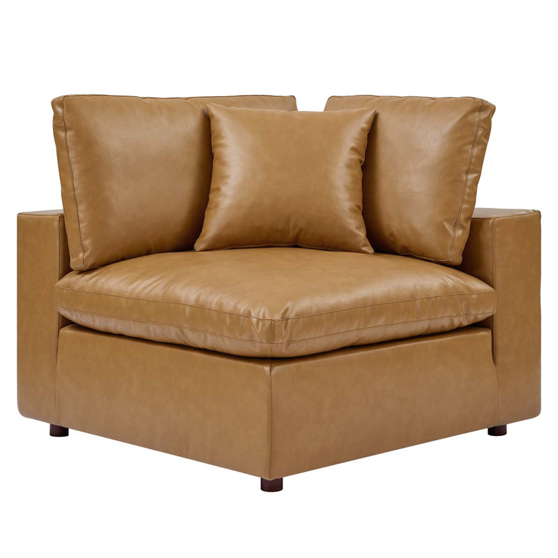 Tan Faux Leather Five-Piece Sectional with Ottoman and Wood Frame