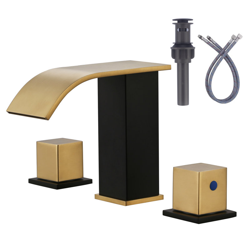 Robinet de lavabo de salle de bain à large entraxe à 3 trous, 8 pouces avec bonde escamotable et tuyau, Noir / or