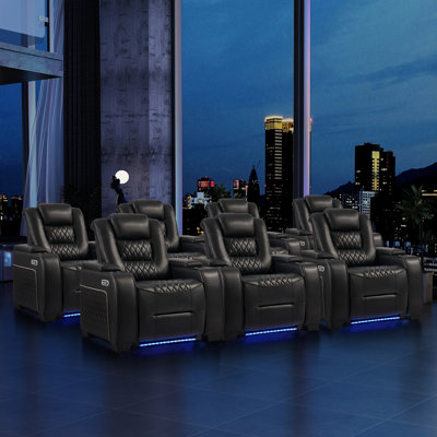 Siège de cinéma inclinable électrique de 38 po de large en similicuir avec appui-tête électrique, éclairage à DEL, porte-gobelets et recharge USB (ensemble de 7)