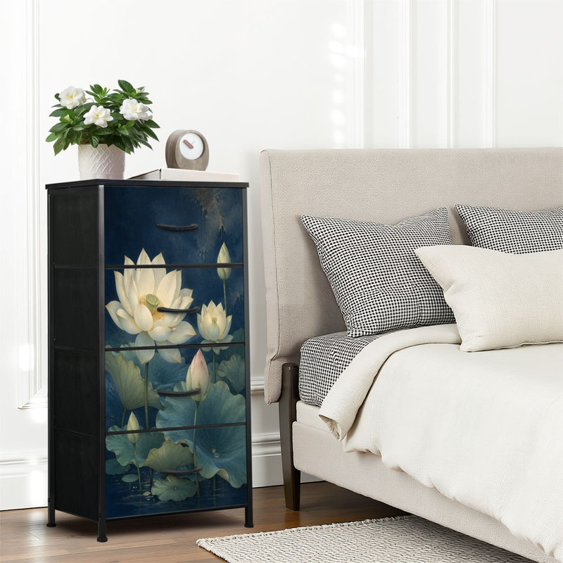 Commode 4 tiroirs pour chambre à coucher, commode étroite, plateau en bois et structure de bureau en fer 18 po x 37,5 po (lxH) - avec des feuilles de lotus élégantes aux tons bleus doux