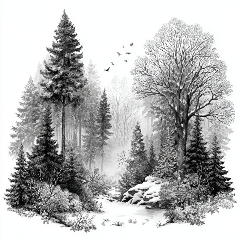 «Silent Pines in Snow», art mural sur toile, H 20 po x l 20 po