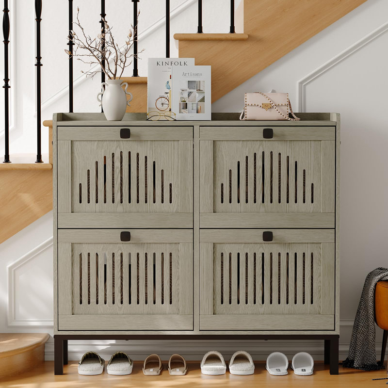Space-Saving 4 Turn over Drawer Shoe Storage Cabinet – Adjustable Wooden Organizer, Hollow Out Panel, Large Capacity Hidden Rack, Washed Gray