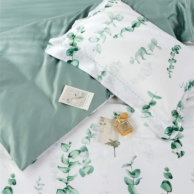 100% Long-Staple Cotton Duvet Cover Set,  Ultra Soft & Breathable Sateen Weave, Green Eucalyptus Leaves Plant Print, 3-Piece Bedding Set with Zipper Closure & Corner Ties