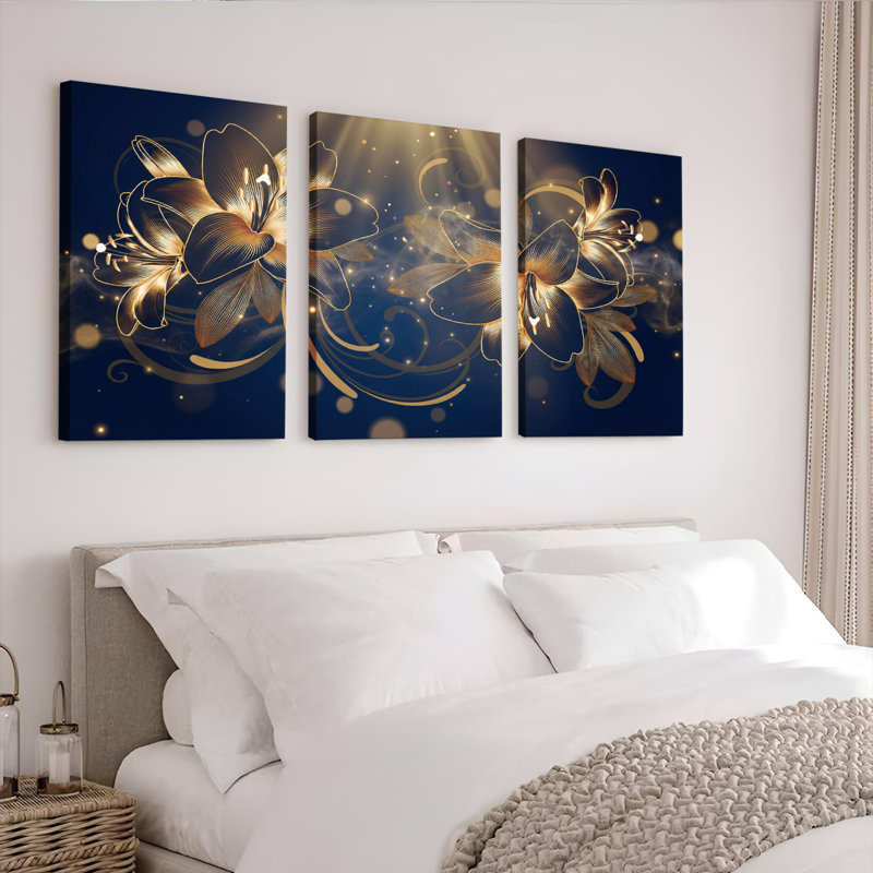 Ensemble de 3 tableaux muraux sur toile représentant des orchidées dorées, parfaits pour la décoration du salon et de la chambre.