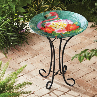17.8" Fusion Glass Birdbath with Metal Stand
