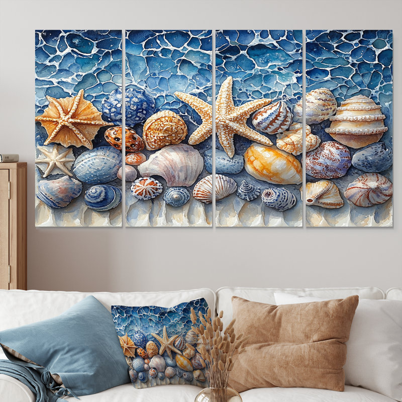 «Coastal Seashells In Blue and White Tones I», ensemble d'art sur toile coquillage, H 32 po x l 64 po