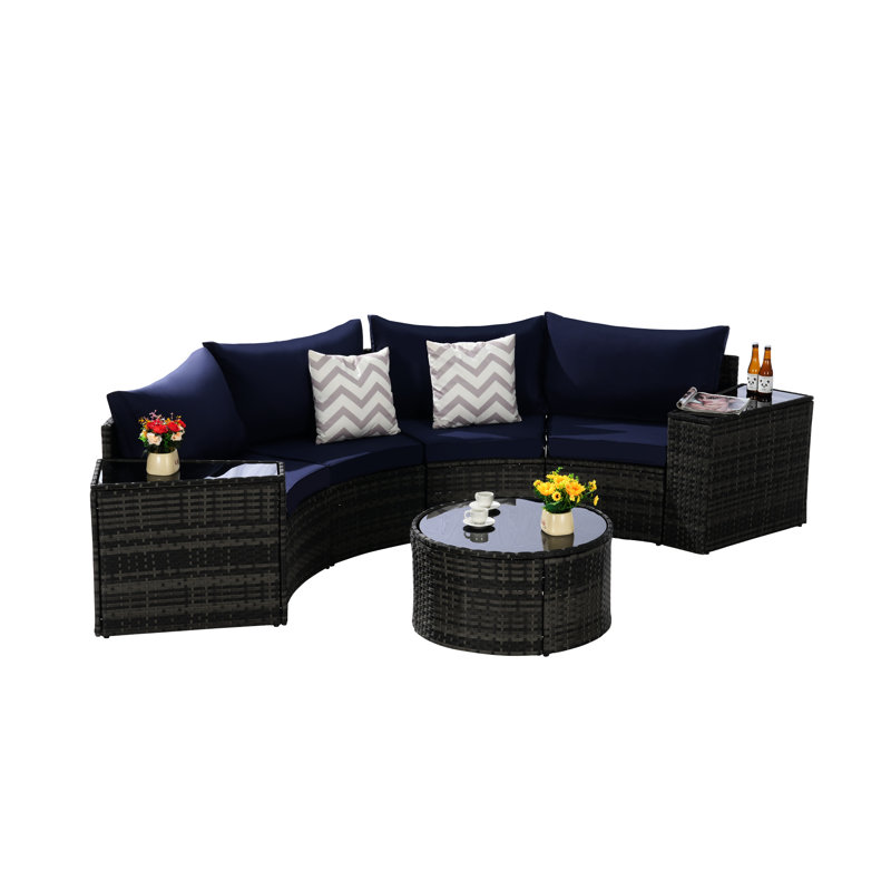 Ensemble de 7 chaises de patio modulaires avec demi-lune et table basse ronde, facile à assembler, Bleu très foncé