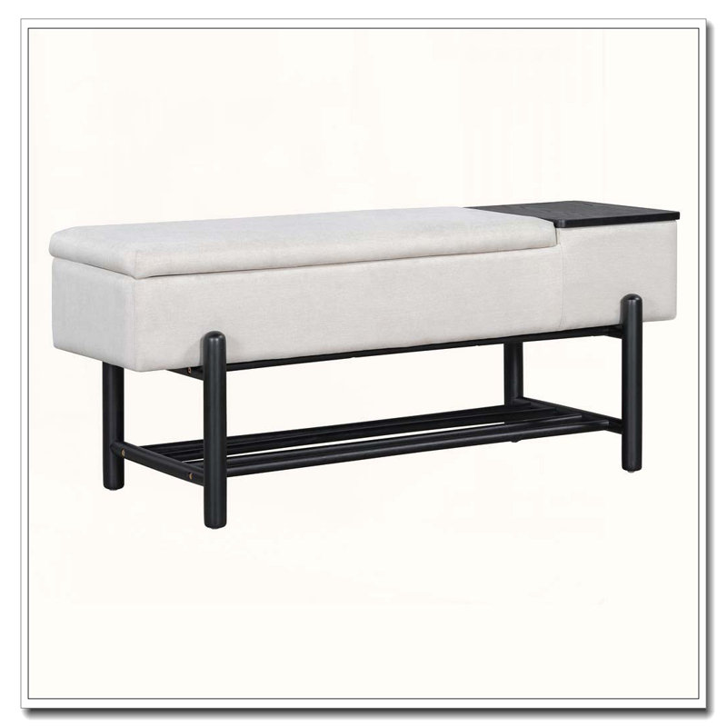 Farmhouse Upholstered Storage Bench with Hidden Compartment and Lower Rack, Black