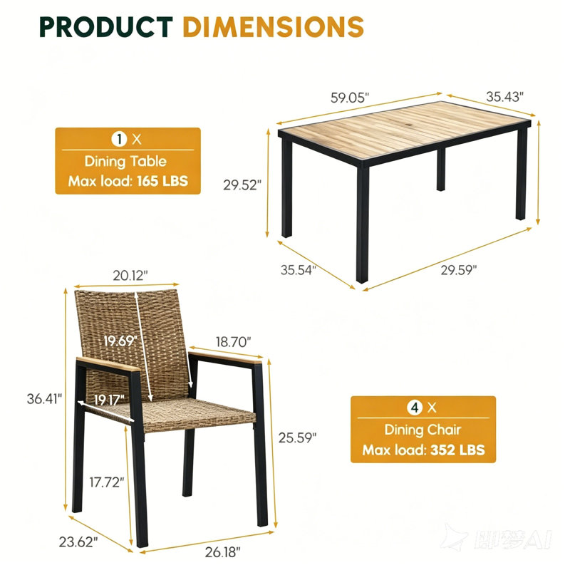 Ensemble de salle à manger d'extérieur 7 pièces, table en bois d'acacia avec trou pour parasol et chaises en osier pour jardin