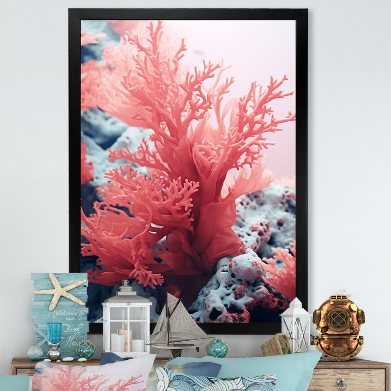 «Pink Coral And Anemones Dance II», reproduction sur toile, Cadre simple noir, H 32 po x l 16 po x P 1 po