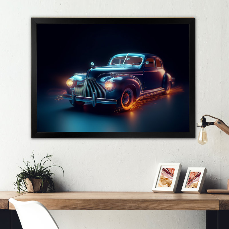 «Neon Light Strips Indigo Vintage Car», reproduction sur toile, Cadre simple noir, H 12 po x l 20 po x P 1 po