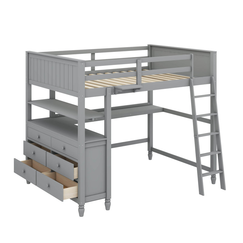 Lit mezzanine avec tiroirs, bureau et tablettes, Double, Gris