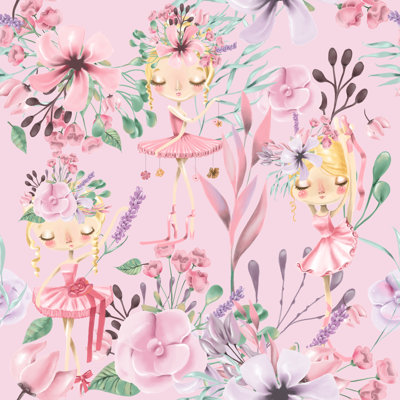 Beautiful Watercolor Floral Seamless Pattern With Cute Ballet Girls, Ballerinas - Wrapped Canvas Print