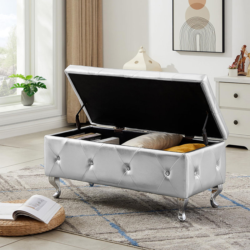 Juilianna Glam Modern Upholstered Storage Bench, Silver Faux Leather