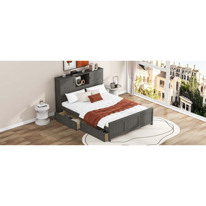 Lit plateforme double avec tête de lit à rangement et porte coulissante, 2 tiroirs