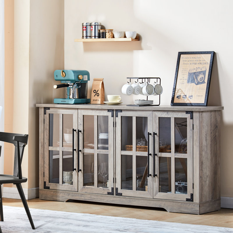 Buffet de style ferme Armoney 63 po (160 cm) de largeur, en bois, avec portes vitrées et étagères réglables, gris, Gris