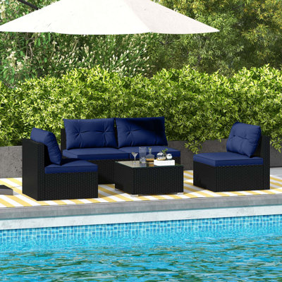 5 Piece Outdoor Furniture Set With Seat & Back Cushions Tempered Glass Tabletop