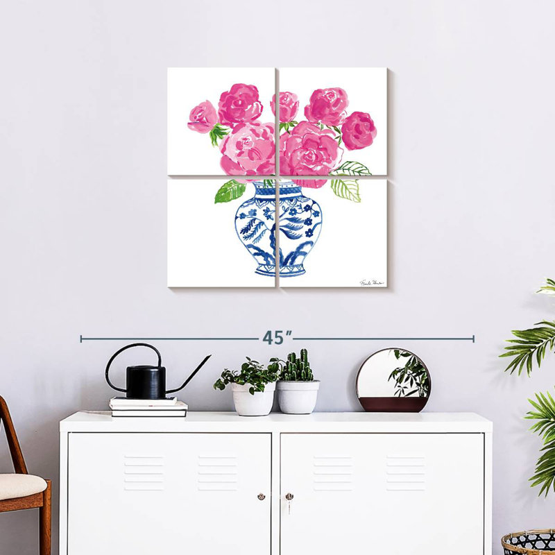 Harnek chinoiserie roses sur fond blanc I, H 26 po x l 26 po