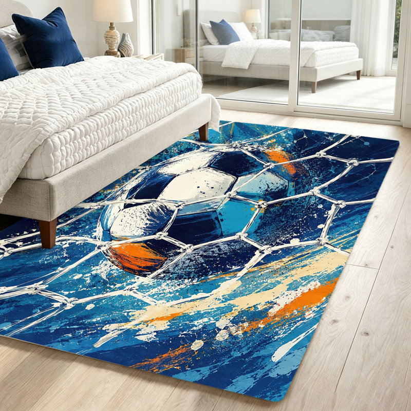 Vibrant Soccer Ball Goal Net Area Rug, Modern Artistic Abstract Design, Non-Slip Soft Indoor Floor Carpet for Living Room, Bedroom, Game, Dorm, World Cup Soccer Decor