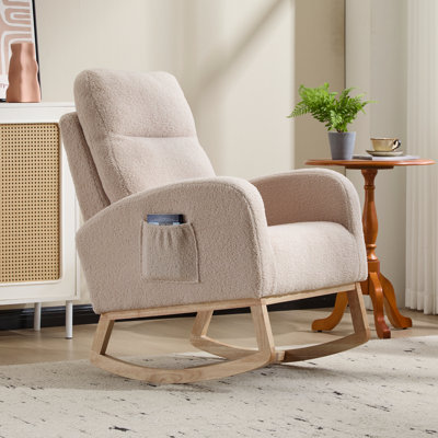 Chaise berçante moderne avec poche latérale, base haute en contreplaqué, design ergonomique rembourré pour la chambre de bébé et le salon, pieds en bois massif, convient à de multiples occasions