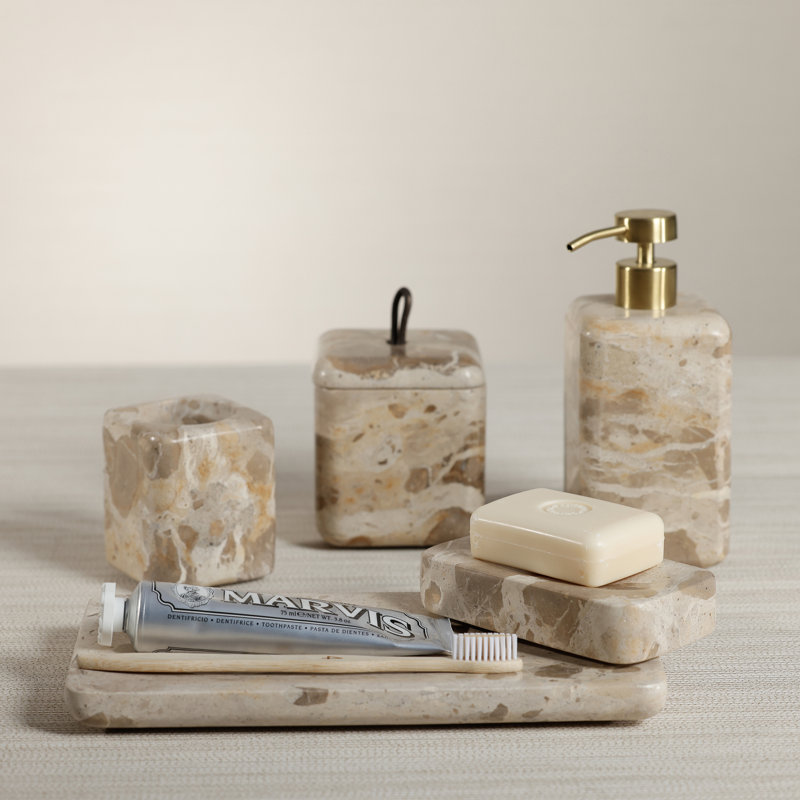 Marble Bathroom Vanity Jar, Beige Crema Fossil