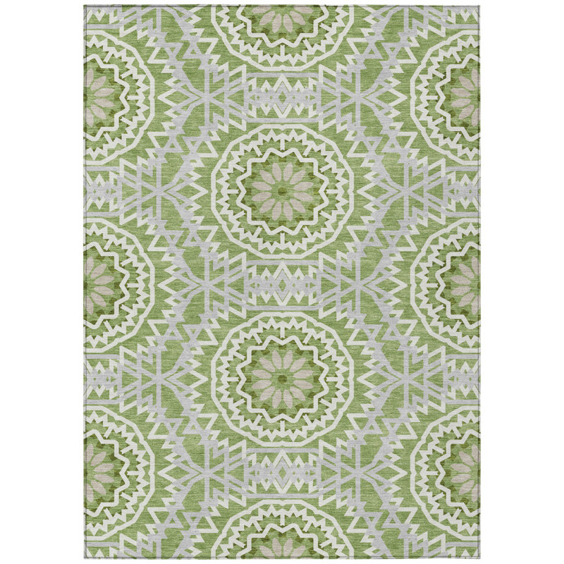 Tapis extérieur lavable à motif médaillon floral vert olive et ivoire 3 pi x 5 pi