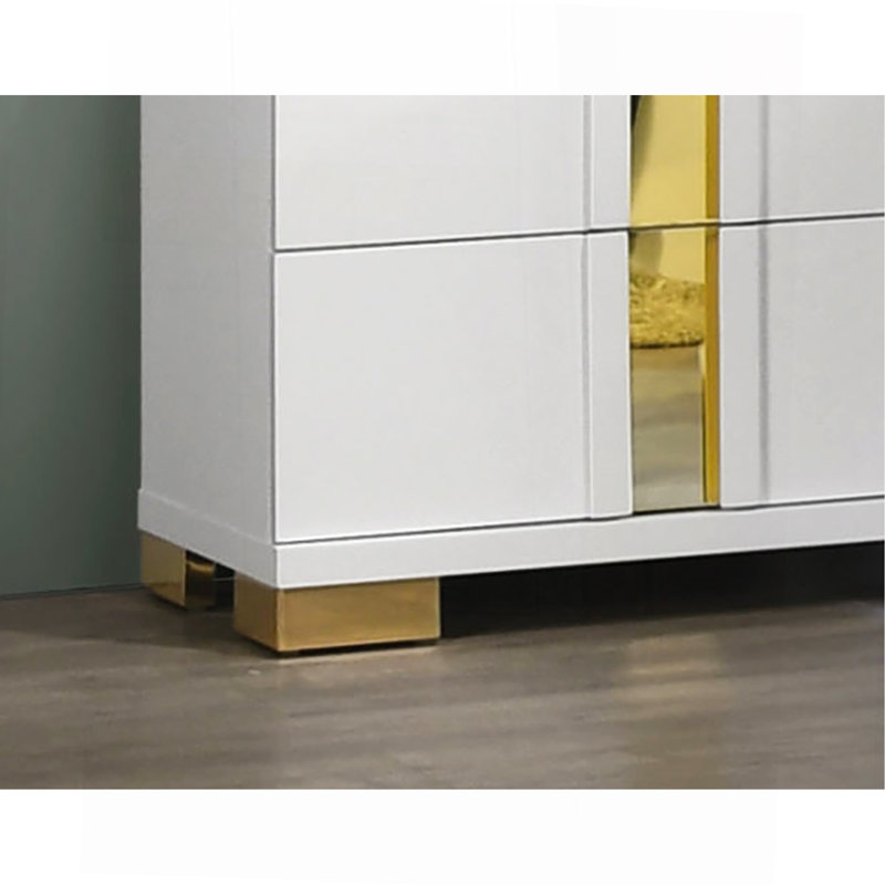 Commode 1 pièce de style contemporain avec pattes de support en métal de conception moderne, étui anti-poussière doré, glissières à roulement à billes, finition blanche et dorée