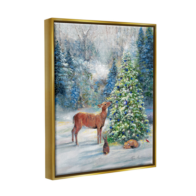 «Winter Woodland Animals Tree» par Ruane Manning, peinture, H 31 po x l 25 po x P 1,7 po, Cadre flottant métallique doré