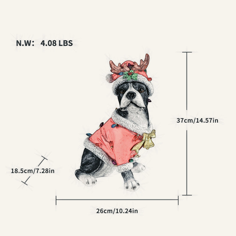 Charmante statue de Noël Boston Terrier en tenue de père Noël, parfaite pour les décorations et les fêtes festives