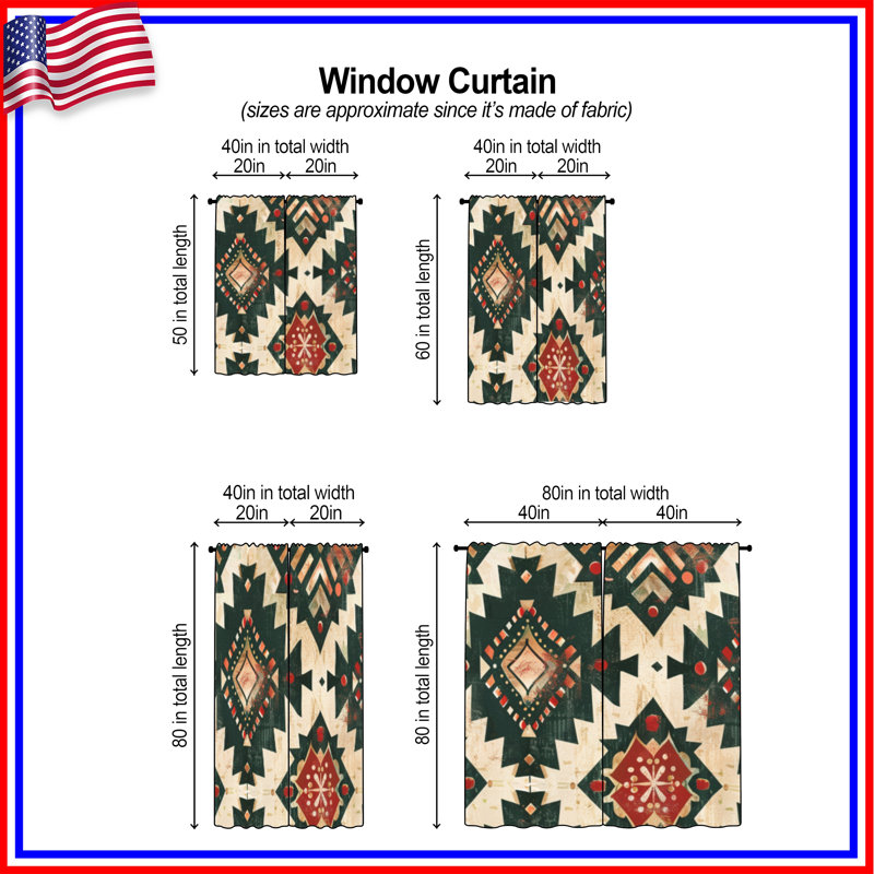 Rideaux de fenêtre à motif tribal Southwestern, 20 po x 50 po - 2 panneaux, Transparent