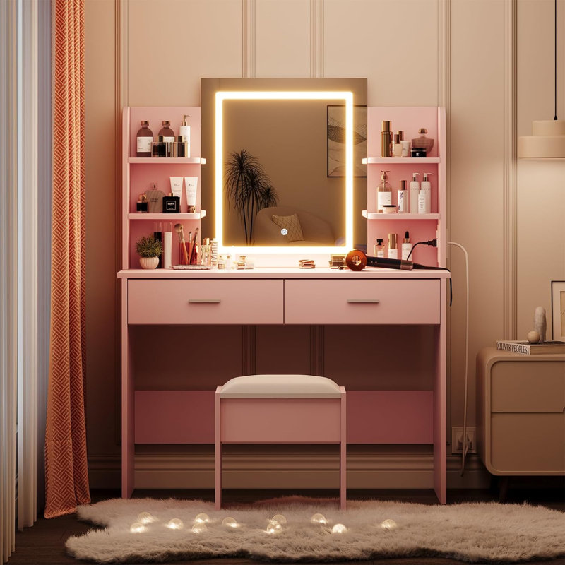 Ensemble de coiffeuse avec miroir lumineux, prise de courant, tabouret, 6 tablettes de rangement, 2 grands tiroirs et 3 lumières à luminosité réglable