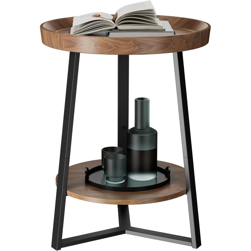 Brown Round Wood and Metal End Table with Storage Shelf