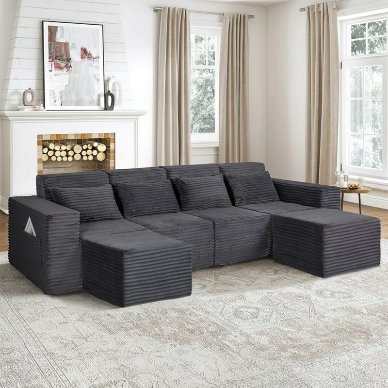 Canapé modulaire en forme de U 132,2 po, assise profonde, rembourré, sans assemblage, Tissu gris